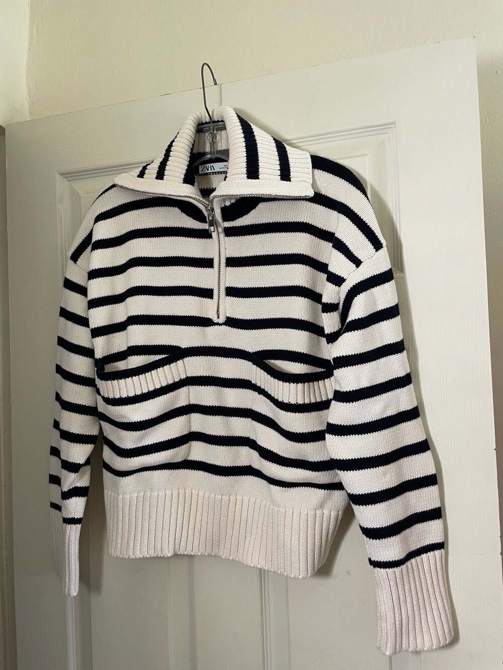 Zara Black and White Striped Half-Zip Ribbed Knit Pullover Sweater with Front Po